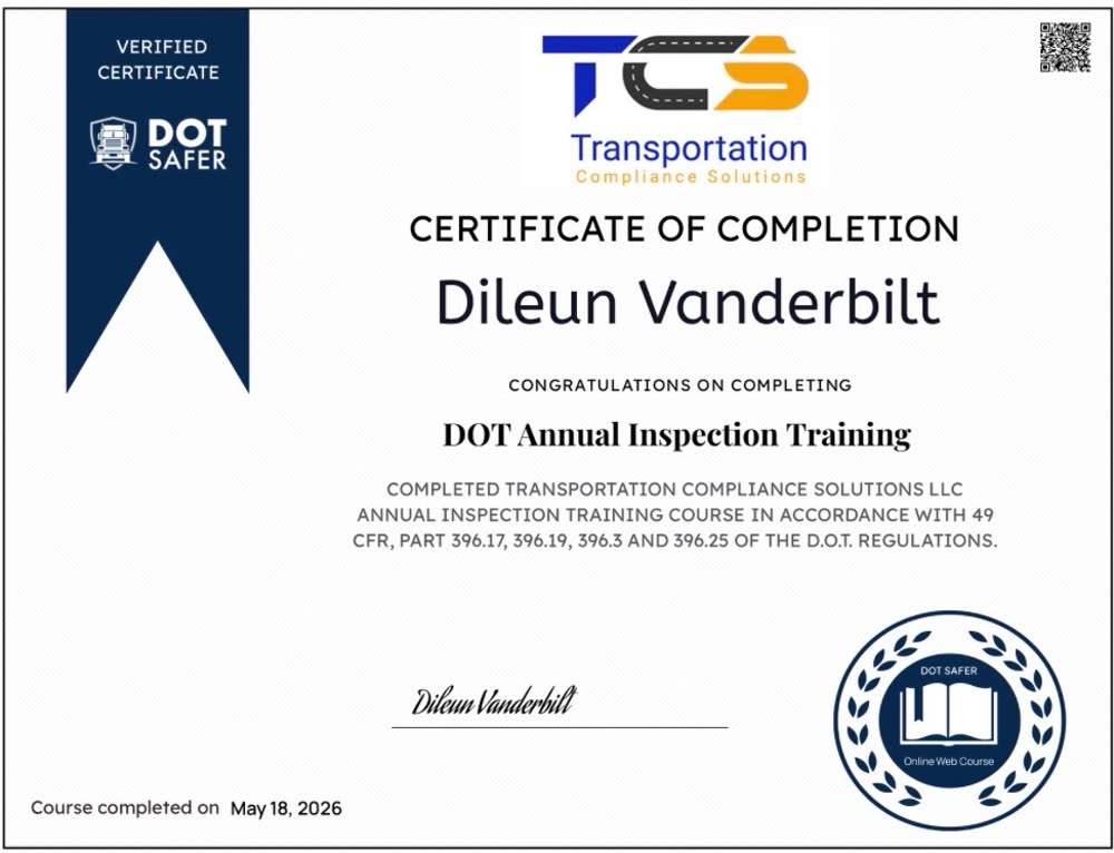 DOT Annual Inspection Training certificate of completion for Affordable Care Tire Service